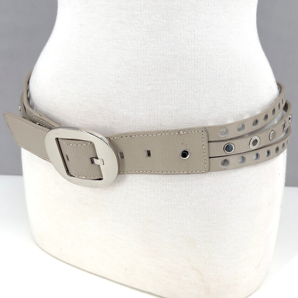 Calvin Klein Womens Leather Hip Belt Studs Wrap Taupe Vintage Y2K Statement Boho